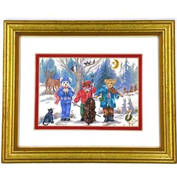 Pair Helen Paul Winter Christmas 11.5" x 9.5" Gold Framed Art Prints Teddy Bears - Picture 3 of 12